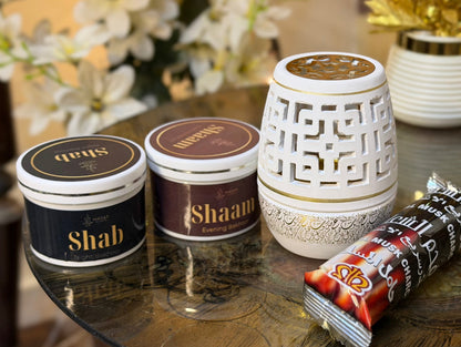 White Bakhoor Burner Set with 2 Premium Bakhoors + Coals