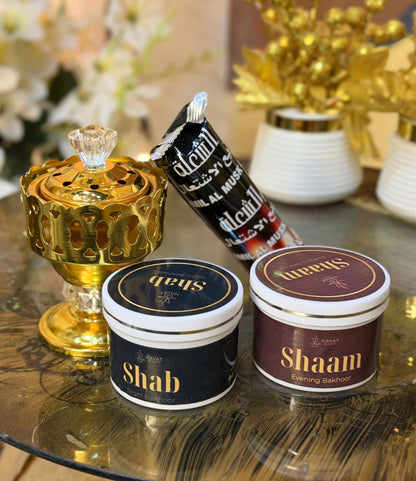 Gold Bakhoor Burner Set with 2 Premium Bakhoors + Coals