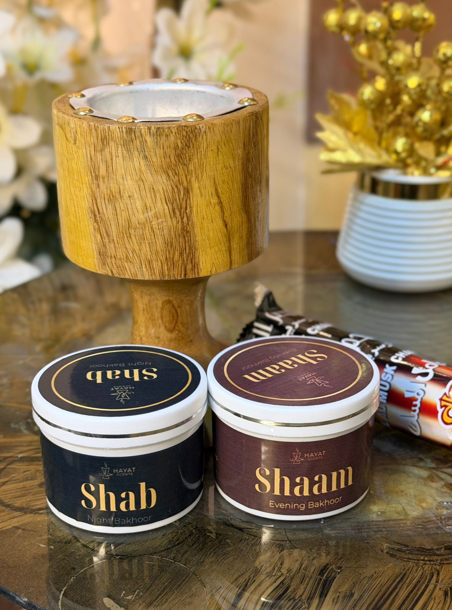Wooden Bakhoor Burner Set with 2 Premium Bakhoors + Coals