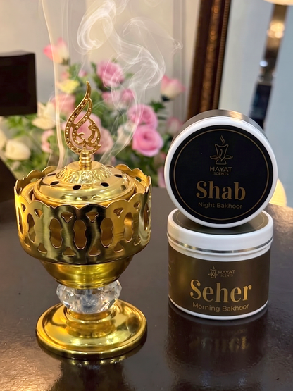 Gold Bakhoor Burner Set with 2 Premium Bakhoors + Coals
