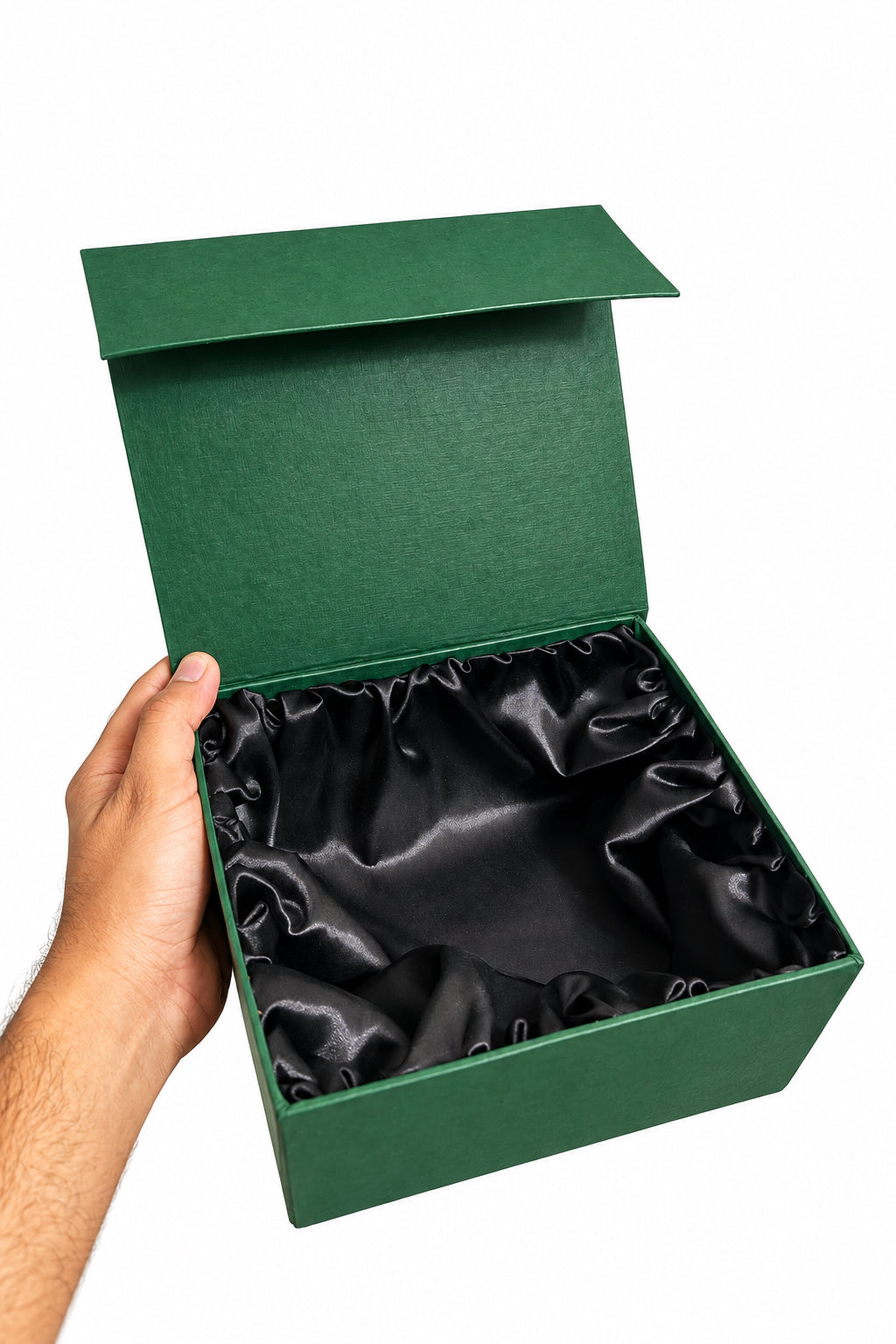 Open green Hayat Scents gift box with black lining
