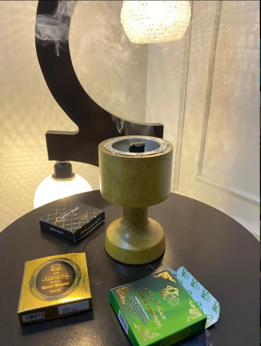 Wooden Bakhoor Burner Set with 2 Premium Bakhoors + Coals